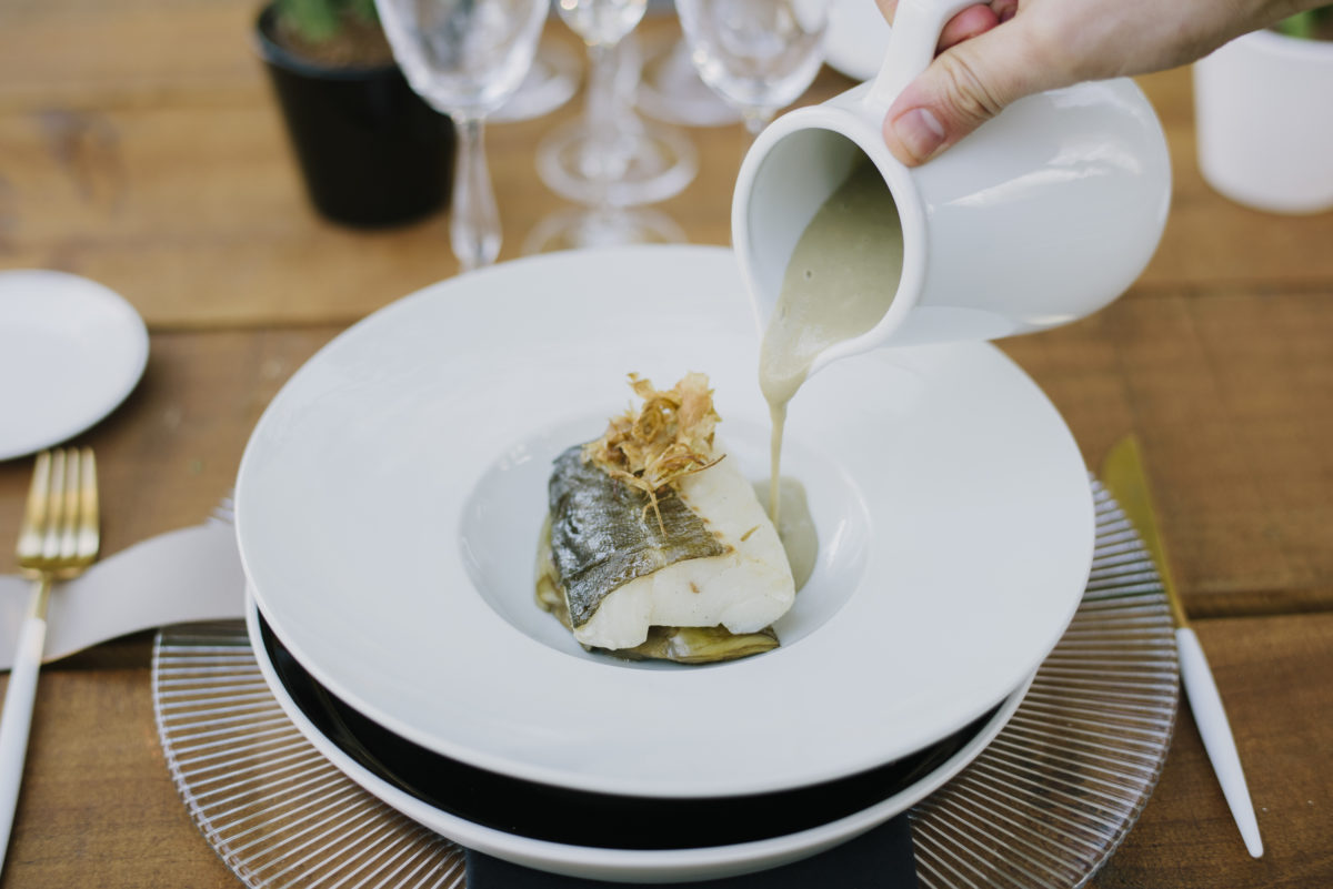 Cod confit with three artichoke textures